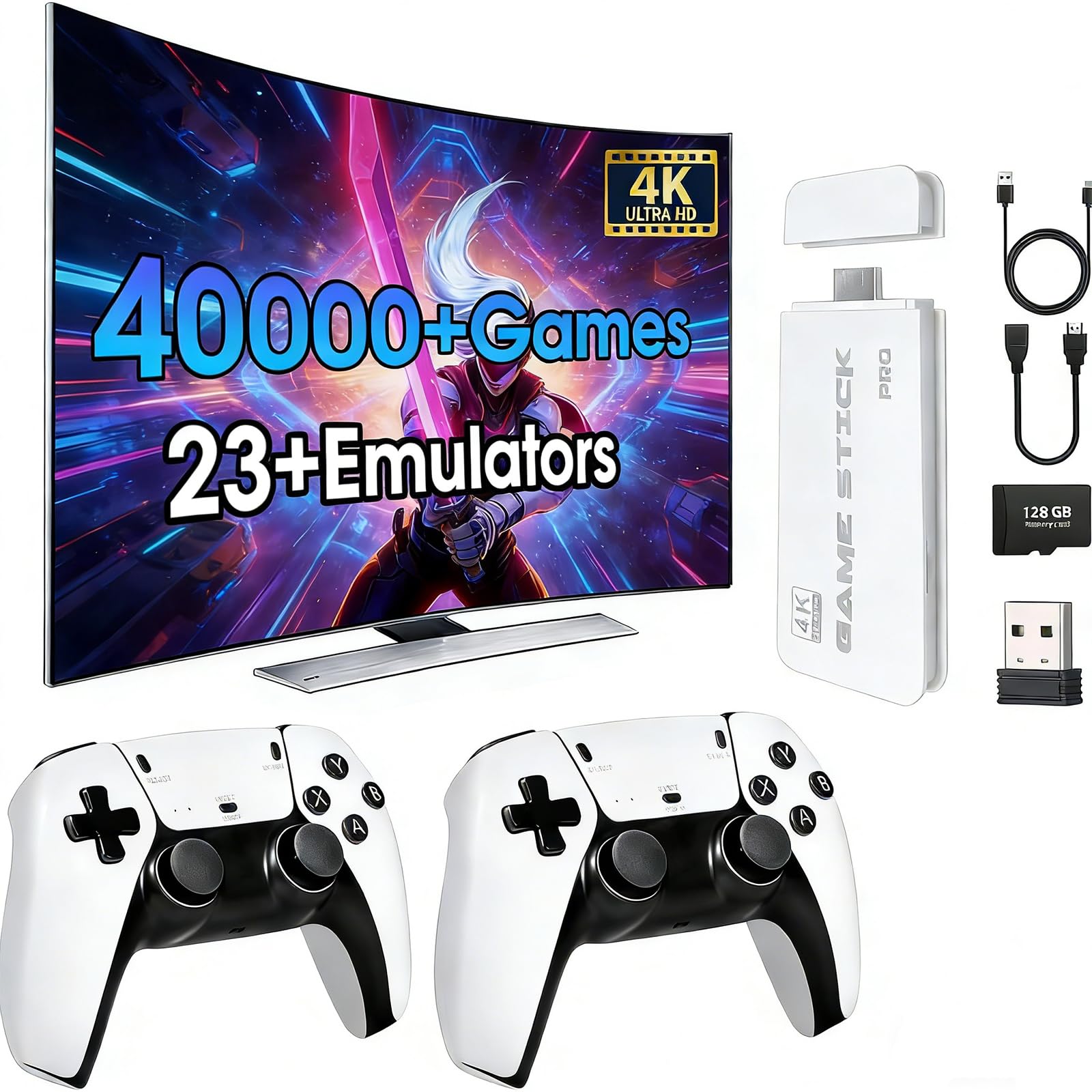 Photo 1 of 2026New Wireless Retro Game Console, 40000+Games and 23 Emulators, Plug and Play 4K HD HDMI TV Game Stick, with Dual 2.4G Wireless Controllers (128G) White