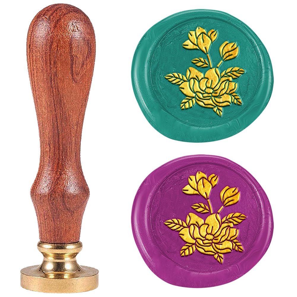 DELORIGIN Magnolia Wax Seal Stamp 1" Flower Vintage Sealing Stamps Removable Brass Head Seal Stamp with Wooden Handle for Envelope Greeting Card Wedding Invitations Wine Package Gift Wrapping
