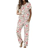 Ekouaer 2 Piece Womens Pajamas V Neck Short Sleeve Top and Long Pants Pjs Print Lounge Set Sleepwear