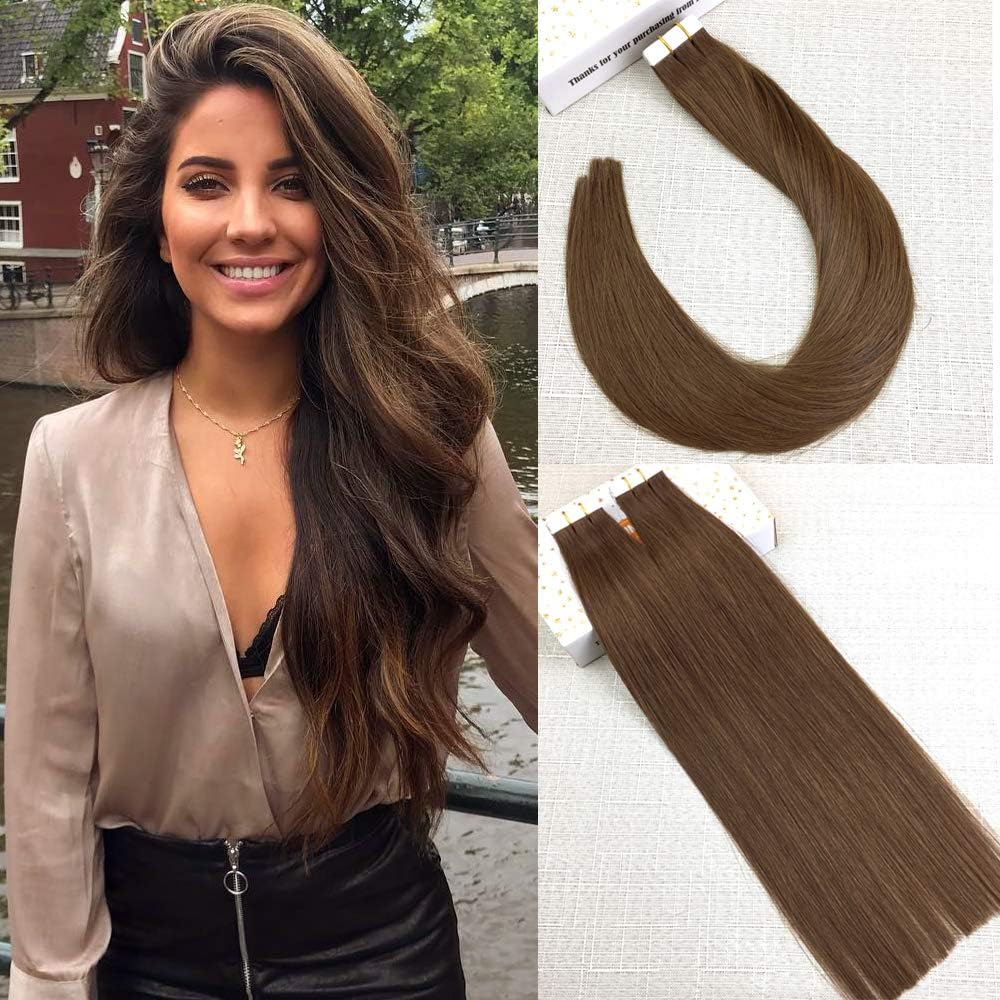 Reysaina 16 Inches 30g 20pcs Invisible Tape in Hair Extensions Seamless Skin Weft PU Tape ins Light Brown #8 Straight Unprocessed Remy Human Hair Tape in Extensions