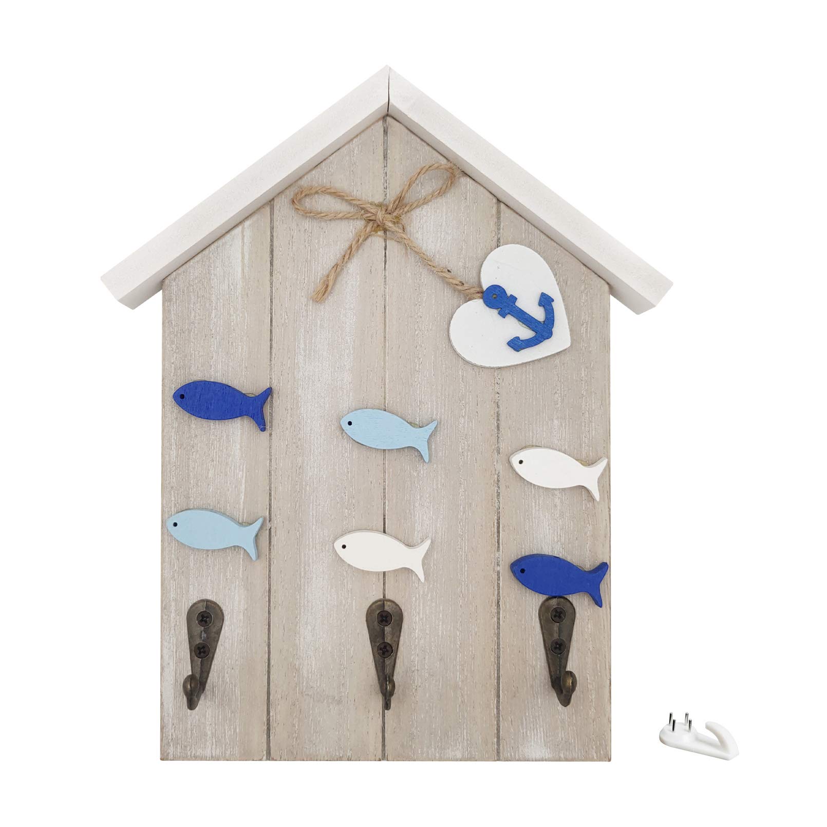 Nwvuop Decorative Wall Mounted Wooden Key Holder with Hook Cute House-Shaped Key Hanger for Wall Key Rack for Home Kitchen Fish