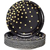 CENLBJ Black and Gold Party Supplies, Black Paper Dessert Plates for Birthday Graduation (50-Count)