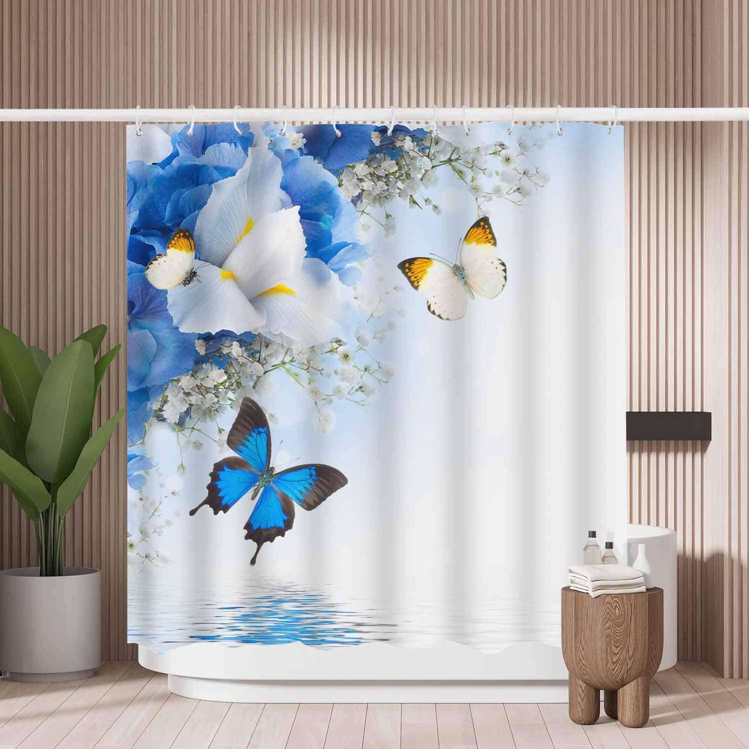 Woutay Shower Curtain Water Repellant Fabric Blue Butterfly and Flowers,Mould Proof Resistant,Polyester,with 12 Plastic Hooks