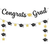 KatchOn, Glitter Black and Gold Congrats Grad Banner - 10 Feet | Black and Gold Graduation Banner, Cap Garland for 2026 Graduation Decorations | 2026 Grad Party Decorations