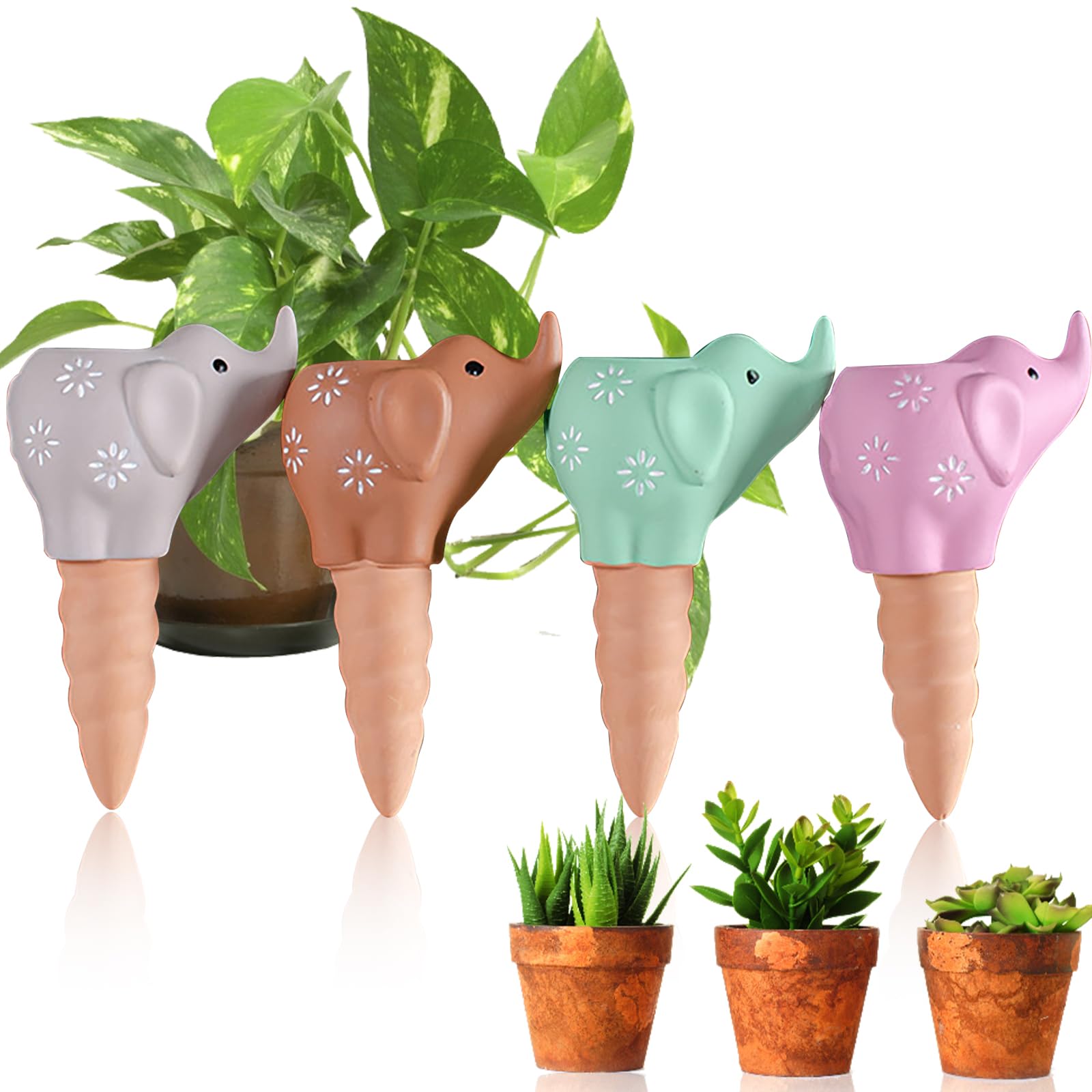 Dynaeuty Plant Watering Devices, Set of 4 Terracotta Vacation Plant Waterer,Watering Stakes Slow Release Plant Watering Spikes Perfect Self Watering Devices for Indoor Outdoor Plants (Elephant)