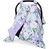 CARUILI Car Seat Cover Baby, Peekaboo Opening Carseat Covers Baby Girl, Warm Minky Infant Car Seat Canopy, Multi-Use Cover Protecting Baby from Wind, Sun, Strangers Purple Floral