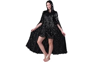 Womens Hooded Cloak Bling Sequin Velvet Cape Halloween Costumes Masquerade Party Role Cosplay