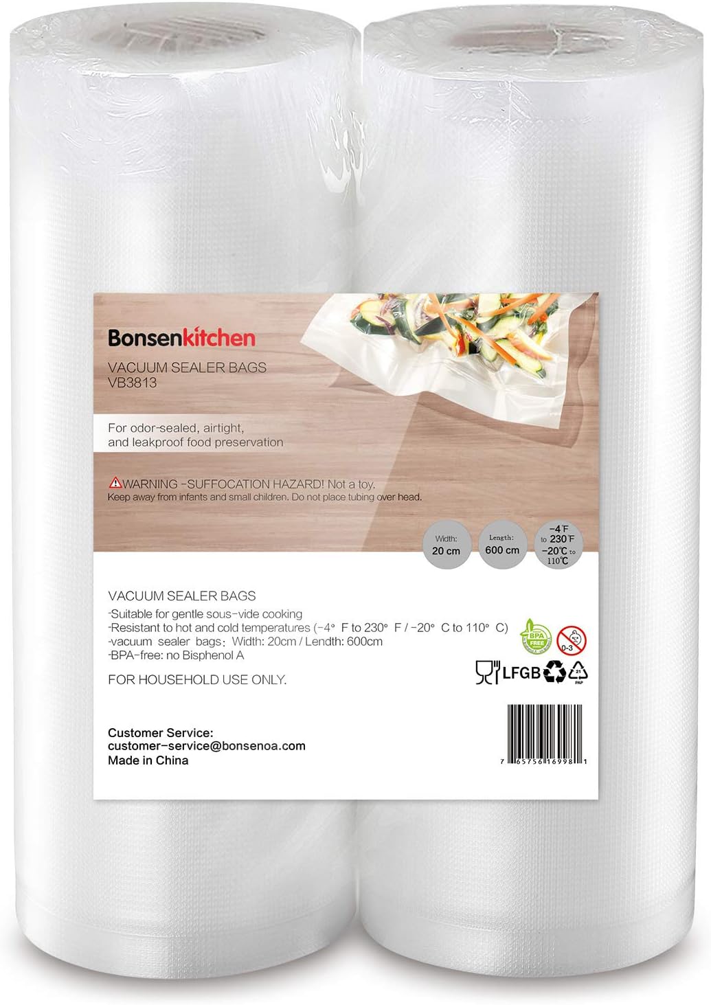 Bonsenkitchen Vacuum Food Sealer Rolls Bags, 2 Packs 20 cm x 600 cm Storage Bags, BPA Free