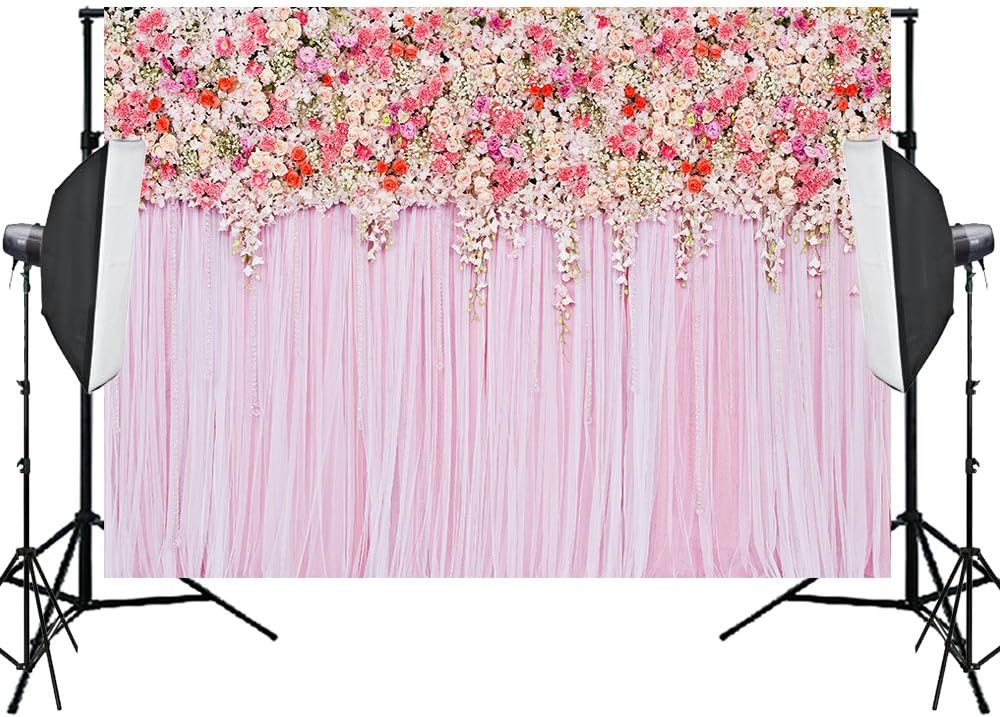 Aisnyho Wedding Photography Backdrops Pink Background Flowers Photo Backdrop for Birthday Party Banner Newborn Babyshower Studio Video Booth Props 7x 5ft