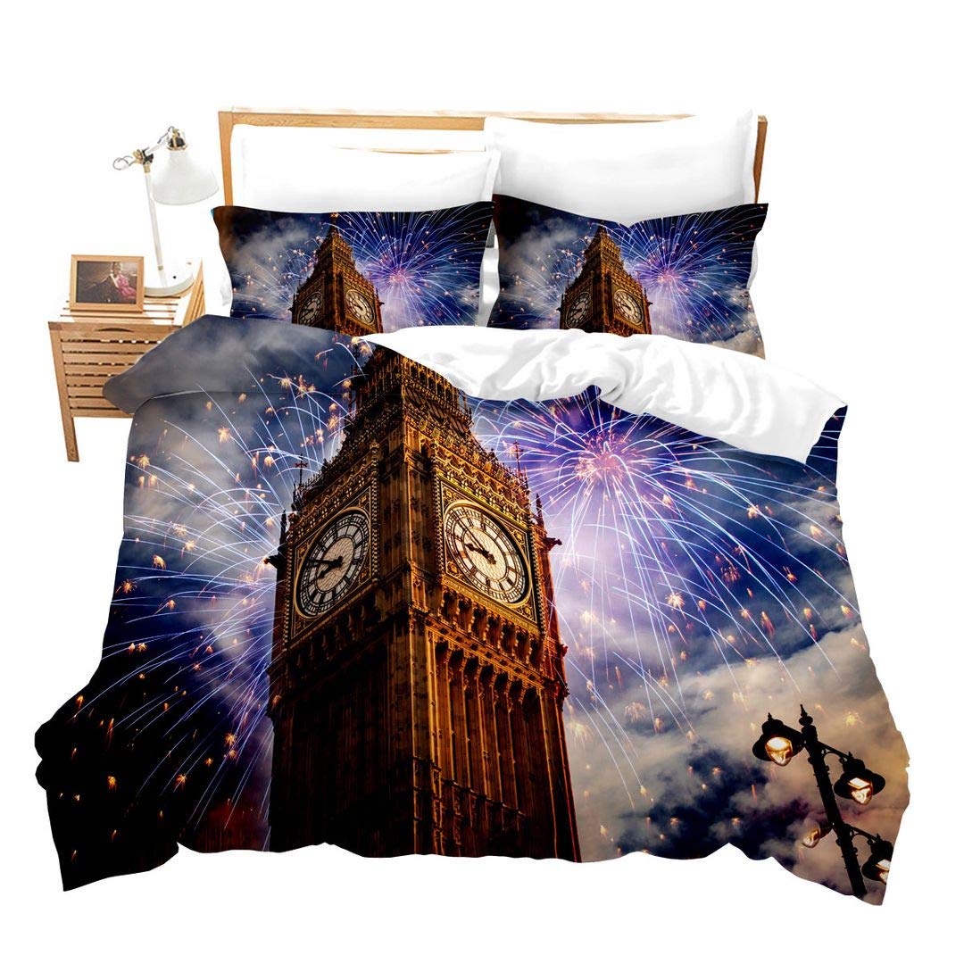 Loussiesd London Theme Comforter Cover Set Single for Children Big Ben Print Duvet Cover Set Decorative Cityscape Bedding Set Digital Print Fireworks Bedspread Cover Novelty Zipper&Ties Soft — image 1