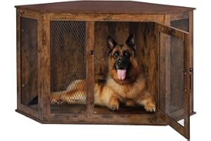 OFIKA Corner Dog Crate Furniture, Wooden Corner Dog Kennel Side End Table with Metal Mesh,Indoor Pet Crates Corner Side Table for Small Medium Large Dogs (Brown, 27.6" D x 52" W x 29.1" H)