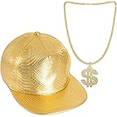 Bskifnn Hip Hop Costume Hat Kit 80s 90s Gold Hat Necklace with Dollar Sign Set Rapper Costume for Men and Women