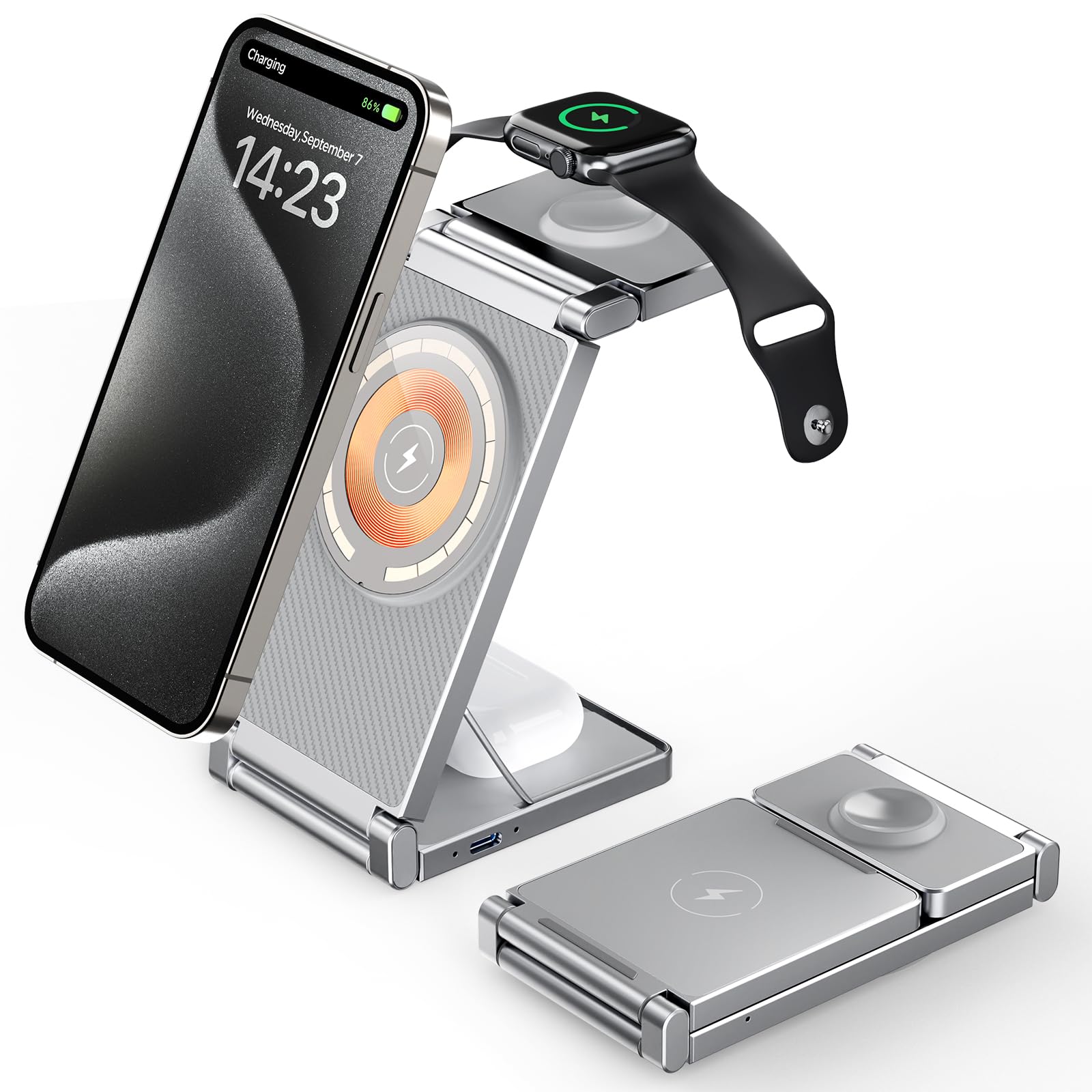 Magnetic Charging Station,Hohosb 3 in 1 Foldable Zinc Alloy Wireless Charger Stand[Compatible with Magsafe Charger] for iPhone 15/14/13/12 Series,AirPods Pro/3/2,Apple Watch/iWatch(Titanium Grey)