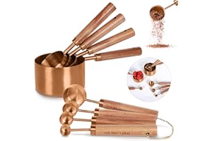 PrettyFine Collection 8 Piece Rose Gold Measuring Cups Set and Measuring Spoons, Golden With fragrant wood Handles-Complete Set of Measure Cups and Spoons For Cooking and Baking.
