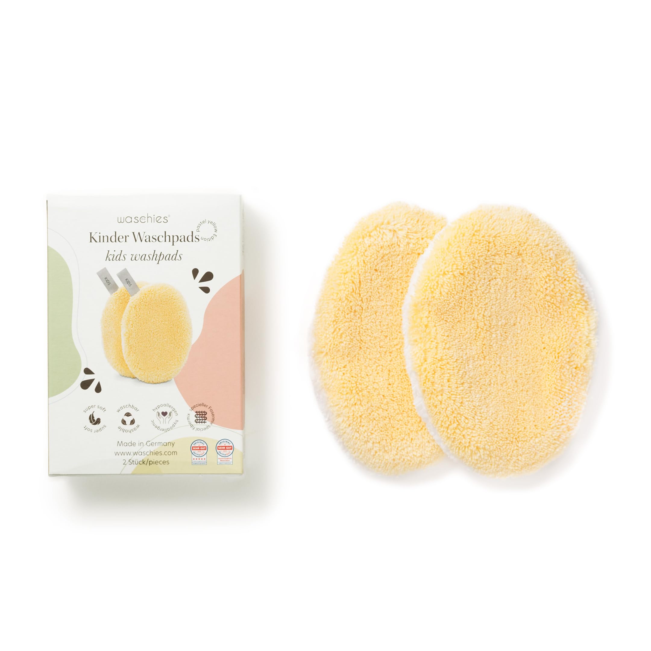 Waschies Reusable Baby & Kids Wash Pads – Pack of 2 Yellow - Gentle Face & Body Cleansing with Just Water - Washable, Dermatologically Tested, Safe for Sensitive Skin - Alternative to Wet Wipes