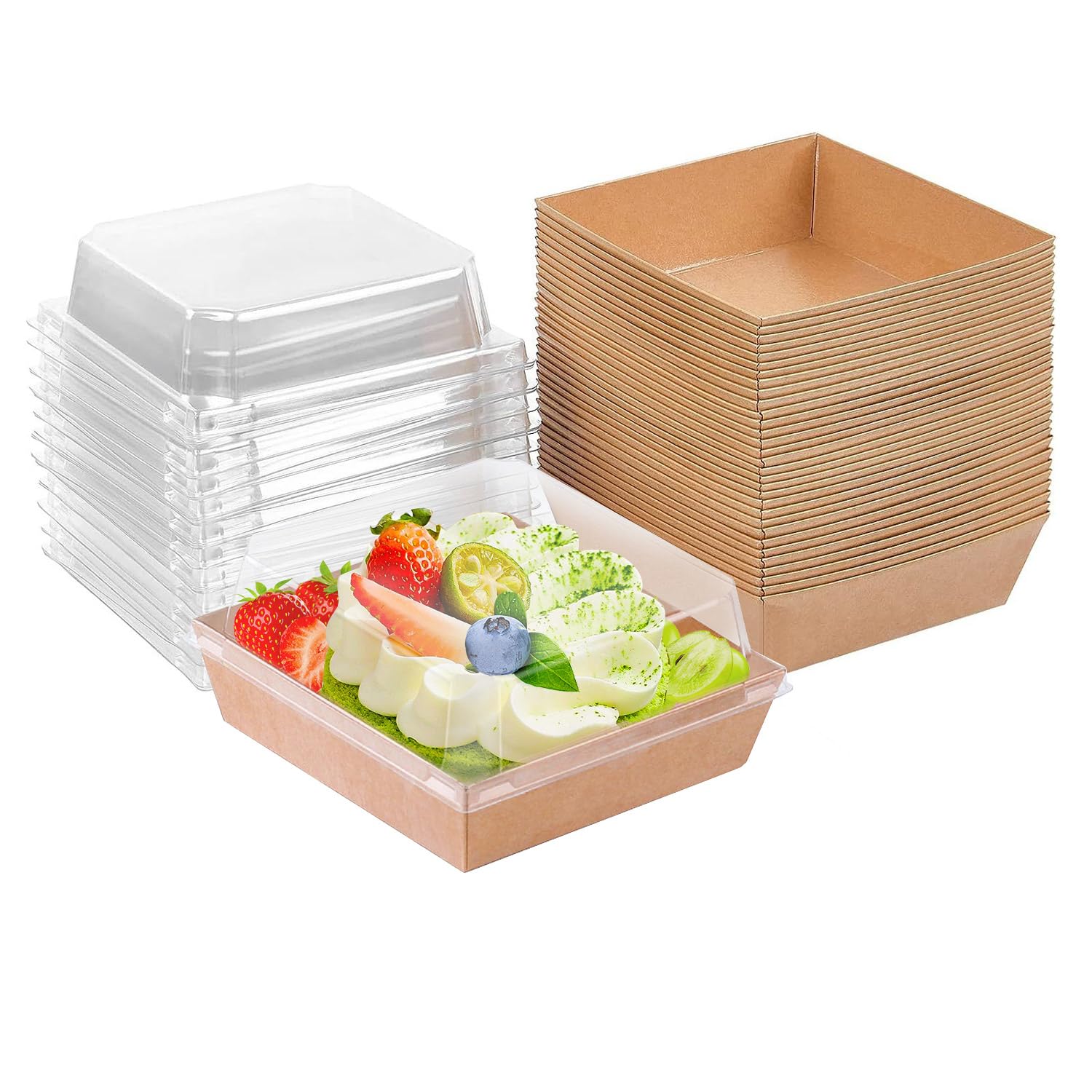 Photo 1 of 50 Pack Small Paper Charcuterie Boxes with Clear Lids, Dessert Boxes Square Disposable Paper Bakery Boxes to Go Food Containers for Desserts, Sandwich, Cookie, Sushi, Cake Slice and Strawberries