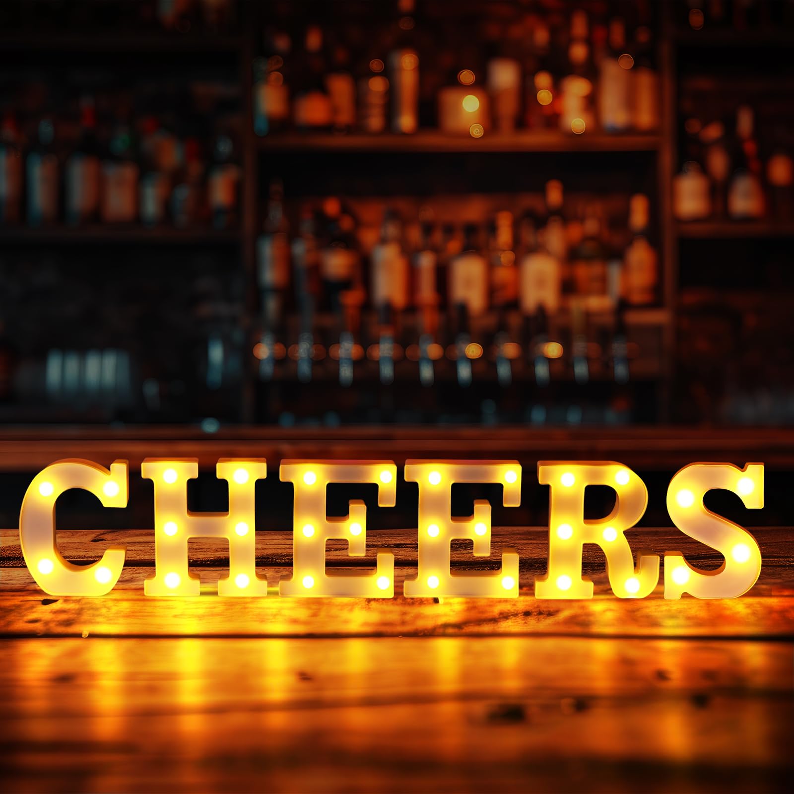 Photo 1 of LED Cheers Sign for Home Bar 5 Pcs LED Marquee Light up Letters Battery Powered Cheers LED Sign for Wall Decor Bar Sign for Bachelorette Party Bar Beer Party (Warm White)
