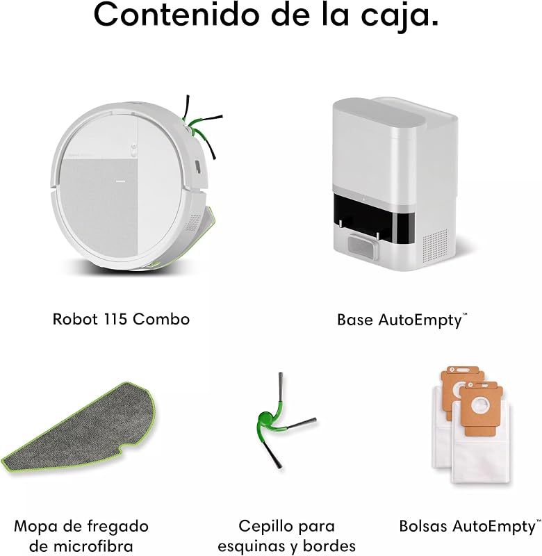 Roomba 115 Combo con Base AutoEmpty, Robot 2en1, Potencia de succión 15000 Pascales, Cepillo Lateral Flexible, Mopa de fregado extendida, 90 días autonomía, Navegación Clearview LiDAR, Blanco