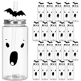 JarThenaAMCS 20 Pcs Halloween Plastic Cups with Lids and Straws Bat Ghost Drinking Cups Bulk for Hot Cold Beverage Holiday Birthday Party Decorations, 14 Oz