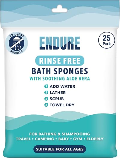 Endure Rinse Free Bath Shower Sponges Wipes Gentle Soap 25 Pack Camping Travel