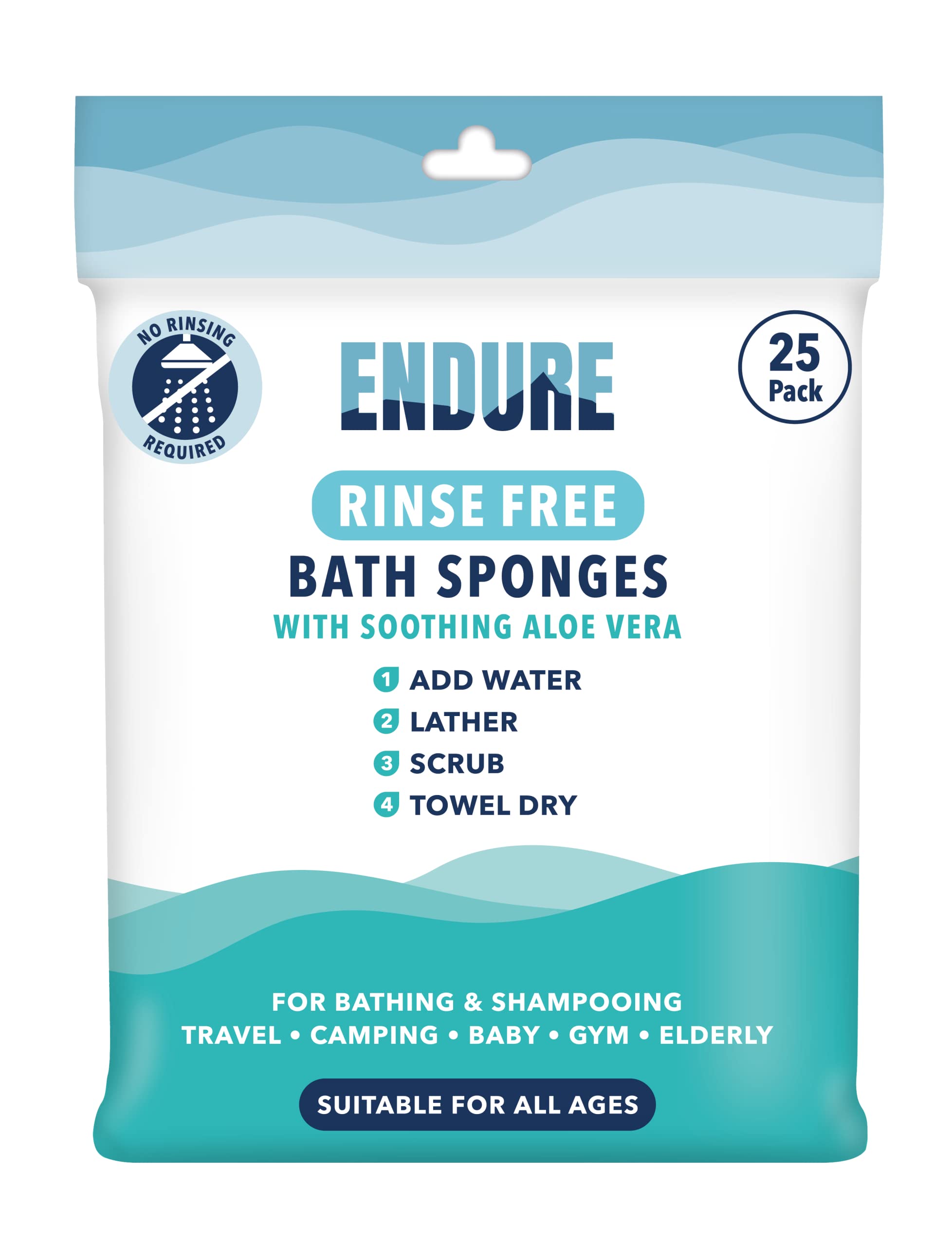 Endure Rinse Free Bath Shower Sponge - Body Wash Wipes for Bathing - Perfect for Camping, Festivals, Gym and Travel - Dry Sponge Wipes with Gentle Cleansing Soap. Just add Water (25 Per Pack).