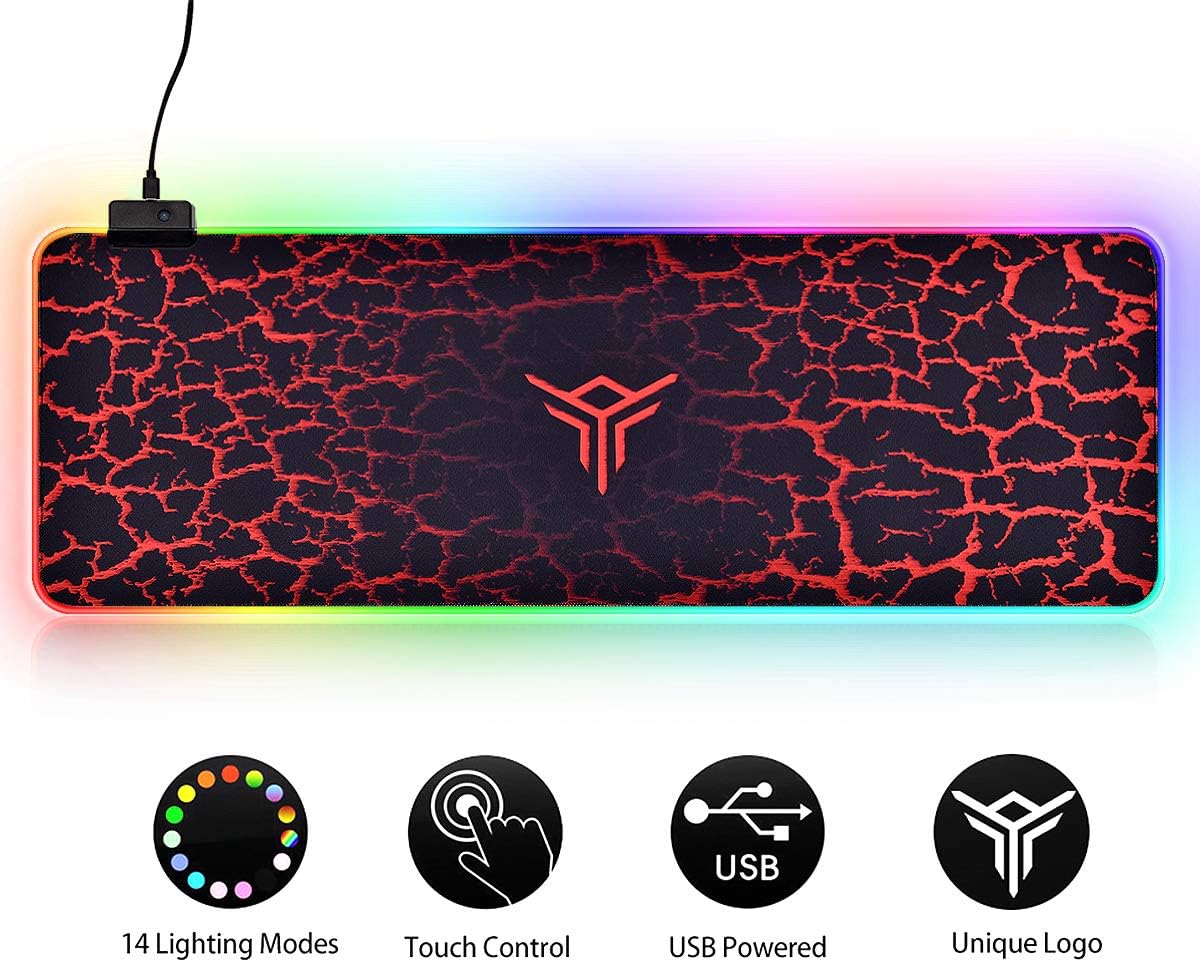 Extra Large RGB Mousepad with 14 LED Lighting Modes and Non-Slip Rubber Base for Gaming, Office Working (Red)