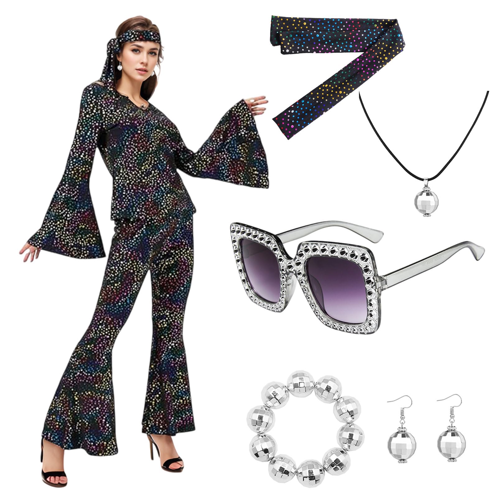 Crittygo 70s Disco Outfit for Women, Shiny Disco Costume Set with Glasses Necklaces Bracelet, Sparkle Flare Fancy Dress Up for Halloween Stag Do Party