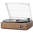 Record Player for Vinyl with 2 Build-in Speakers LP Vinyl Players Belt-Driven Vintage Turntables 3 Speed 3 Size, Wireless Bluetooth Playback, AUX-in, RCA Out, Headphone, Auto Stop Wood Brown