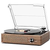 Record Player for Vinyl with 2 Build-in Speakers LP Vinyl Players Belt-Driven Vintage Turntables 3 Speed 3 Size, Wireless Bluetooth Playback, AUX-in,RCA Out, Headphone, Auto Stop Wood
