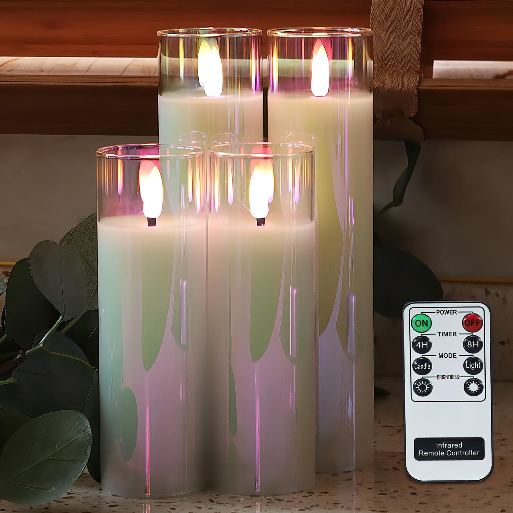 Rhytsing Pearlesent Glass Battery Operated LED Candles, White Slim Flameless Candles with Remote, Warm White Light, Batteries Included - D 5cm - Set of 4