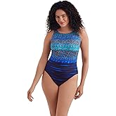 Longitude Plus Swimwear by Mimi Flamingo Just Shine Scoopback Highneck Modern Leg Tank One Piece Swimsuit, Turquoise, 22