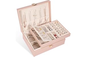 Voova Jewelry Box Organizer for Women Girls, 2 Layer Large Men Jewelry Storage Case, PU Leather Display Jewellery Holder with Removable Tray for Necklace Earrings Rings Bracelets, Vintage Gift, Pink