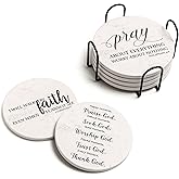 Hoomey Coasters for Drinks with Bible Verses, Set of 6 Absorbent Drinks Coasters with Holder Ceramic Drink Coaster with Cork Backing for Table Protection, Christian Coasters, Christian Gifts