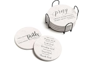 Hoomey Coasters for Drinks with Bible Verses, Set of 6 Absorbent Drinks Coasters with Holder Ceramic Drink Coaster with Cork Backing for Table Protection, Christian Coasters, Christian Gifts