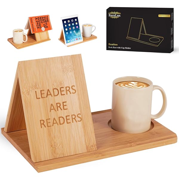 BARNLUX WOODEN BOOK HOLDER STAND FOR BEDROOM TABLE DECOR | BOOK NOOK READING VALET STAND WITH COFFEE DRINK HOLDER, NIGHT STAND BOOK HOLDER, BOOK REST STAND FOR BIRTHDAY GIFT FOR BOOK LOVER