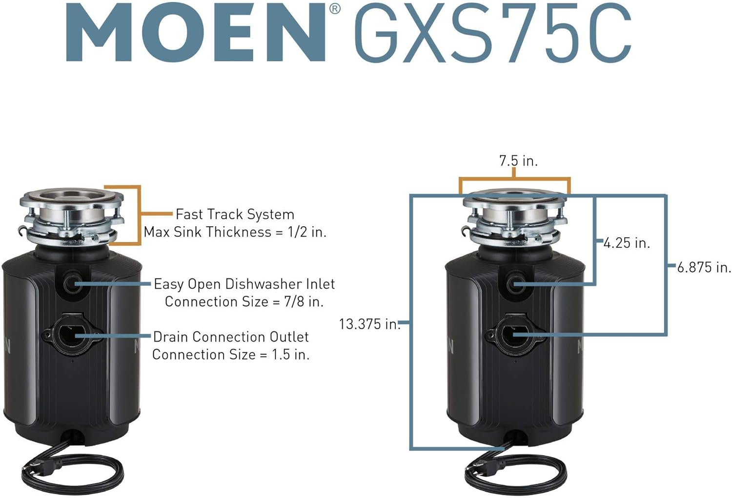 Moen GXS75C Host Series 3/4 HP Continuous Feed Garbage Disposal with Sound Reduction, Power Cord Included - - 