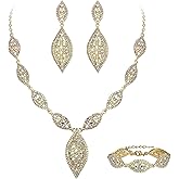 Flyonce Wedding Jewelry Set Rhinestone Crystal Bridal Leaf Necklace Drop Dangle Chandelier Earrings Sets for Women