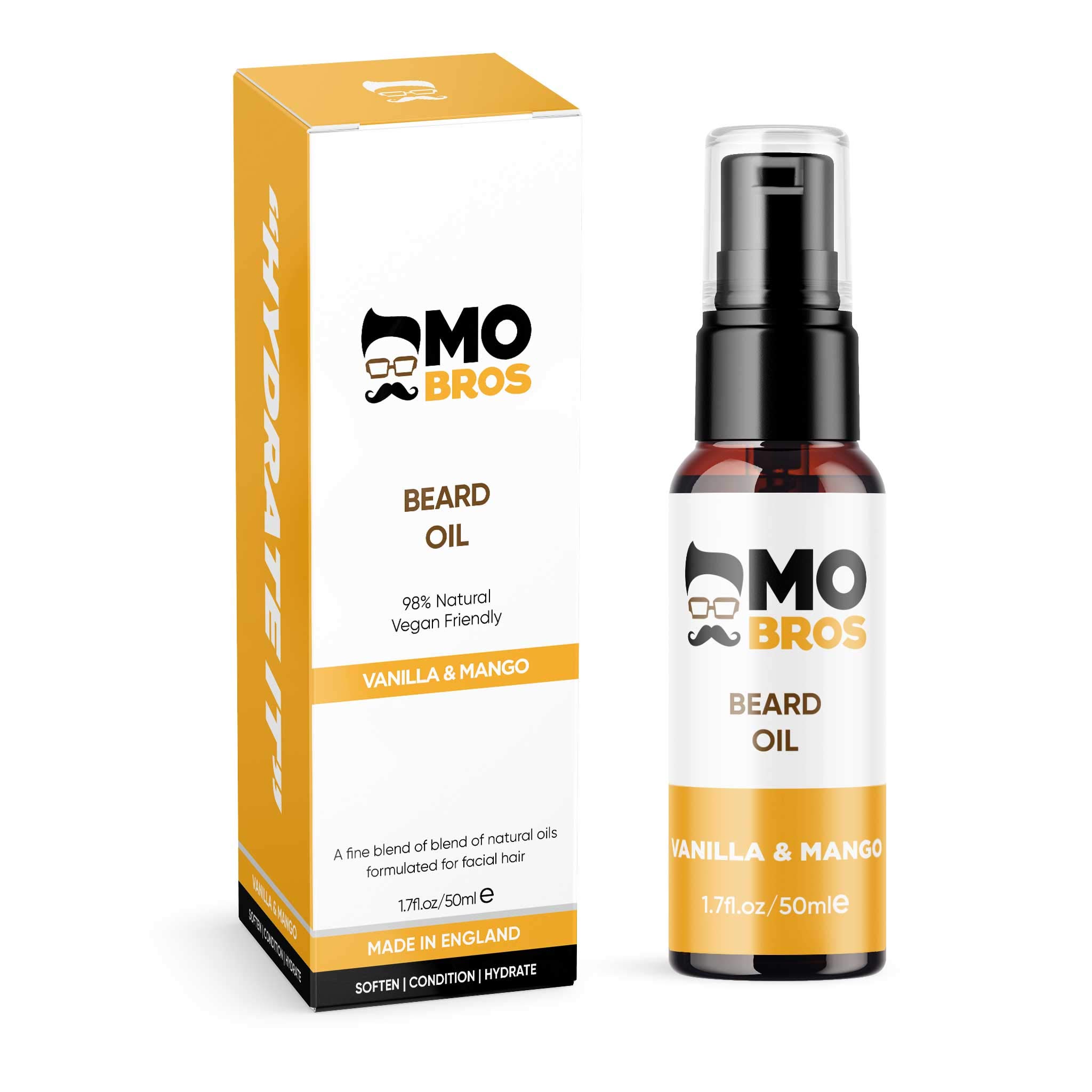 Beard Oil | Vanilla & Mango | 50ml | Softens, Hydrate & Conditions Facial Hair | Promotes Growth, Reduces Dryness & Itching | Contains Natural & Premium Ingredients Argan, Jojoba