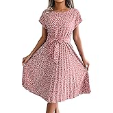 IDOPIP Women Floral Pleated Dress Summer Casual A-Line Flowy Midi Dress Formal Wedding Guest Dress 2024 Trendy Swing Dres