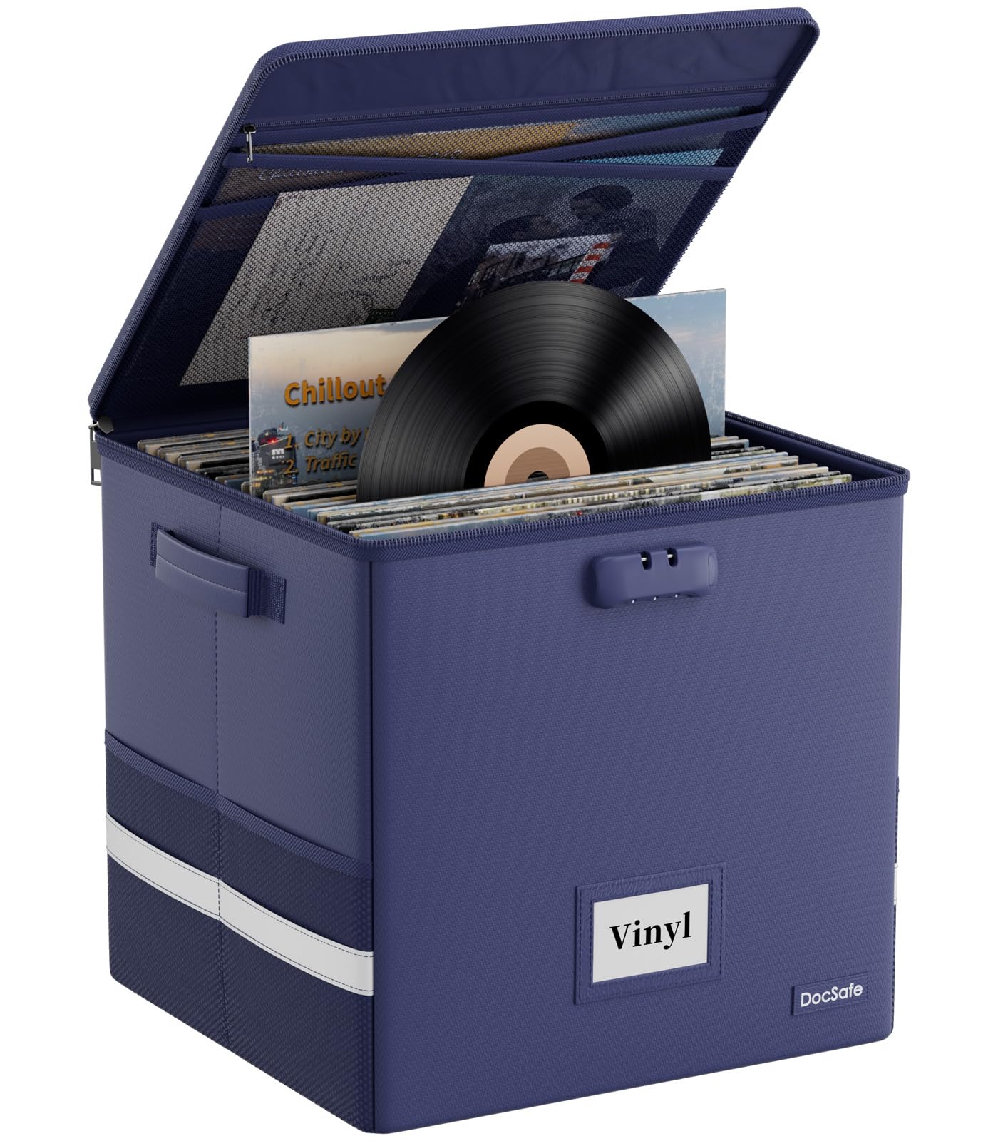 Feuerfest Schallplatten Aufbewahrungsbox Vinyl Schallplattenkoffer mit Schloss Plattenkoffer zur 100+ Schallplatten,Zusammenklappbare Aufbewahrungskiste für die Aufbewahrung Wertvoller Alben Blau