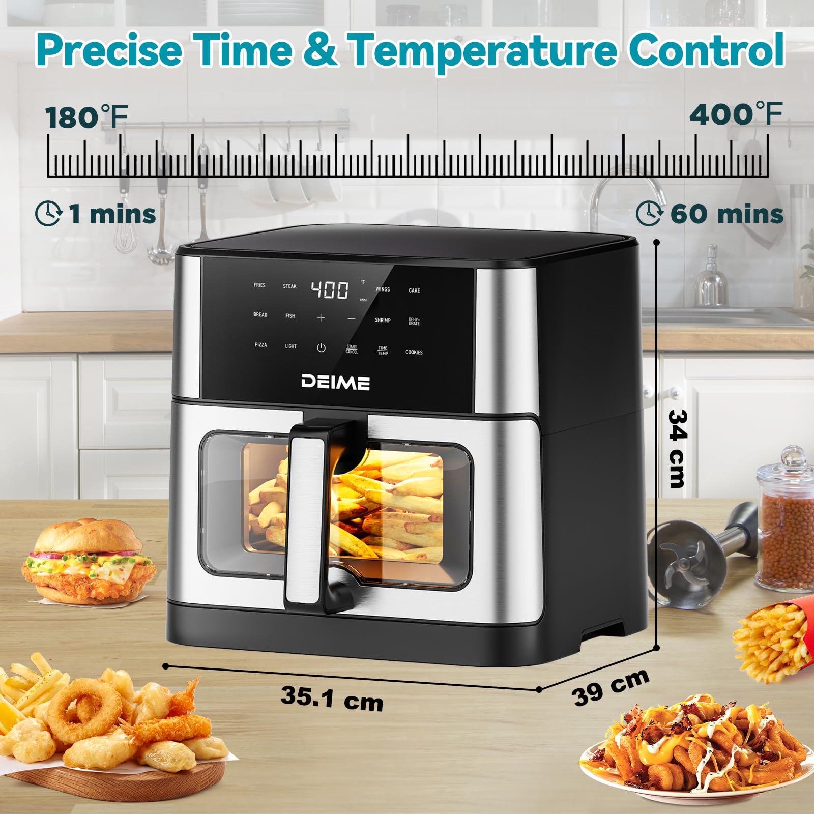 DEIME Freidora de aire 10.2 QT sin aceite 1700 W freidoras de aire de horno de gran capacidad Cocina saludable con 10 preestablecidos, freidora de aire grande para familias Ventana de cocción visual, cesta antiadherente, receta incluida