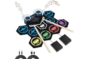 Electronic Drum Set，Marrilley 9 Drum Pad With Headphone Jack,Bigger Roll-up Drum Pad, Built-in Dual Stereo Speakers, Drum Sticks, Foot Pedals 10 Hours Playtime,Ideal Christmas Holiday Gift for Kids