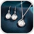 Fujiuia 925 Sterling Silver CZ Freshwater Cultured Pearls Bridal Pendant Necklace Earrings Wedding Jewelry Sets for Valentine's Day/Mother's Day/Christmas Jewelry Gift for Girlfriend/Mom