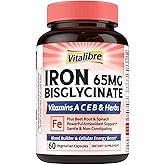 Vitalibre Iron Supplement for Women and Men, Iron Bisglycinate, 65mg Elemental Iron, Non-Constipating, with Vitamins C B6 B12 Folate & Beet Root, 60 Caps