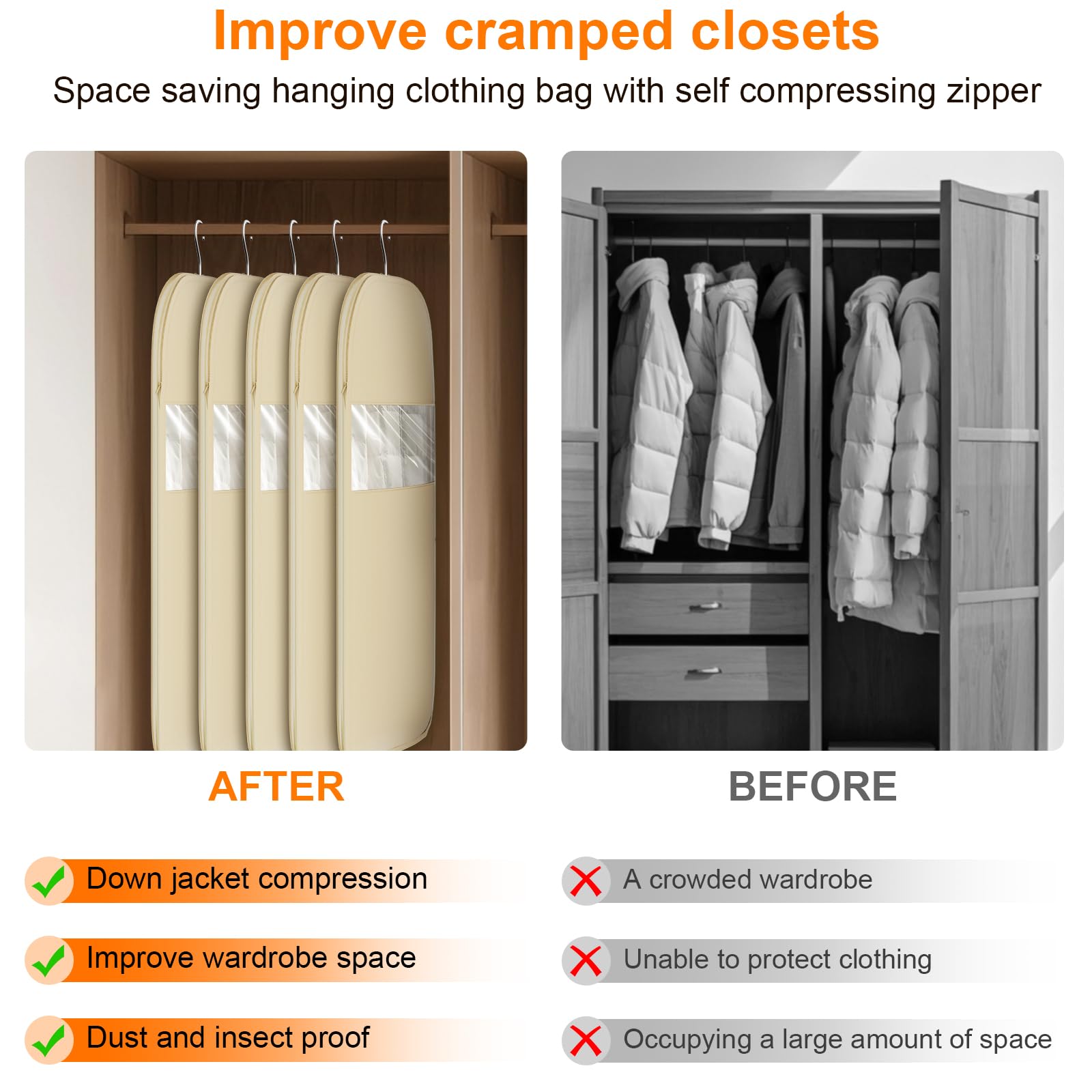 Space Saving Hanging Garment Bag with Self Compression Zipper, Thick Dustproof Garment Bags for Hanging Clothes, Space Saving Garment Bags with Compression Zip Technology (Beige, 44 * 23 * 6IN)