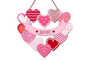 HINGTAI Valentines Day Heart Door Sign Decorations, 12 Hearts Pattern Wood Wall Hanging Love Heart Decor, Red Pink Heart Wall