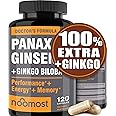 NooMost Authentic Korean Red Panax Ginseng + Ginkgo Biloba, 120 Vegan Capsules, Ginseng Root Extract Powder 1000mg (10% Ginsenosides) + Gingko Biloba 60mg, Energy and Focus Pills for Men and Women