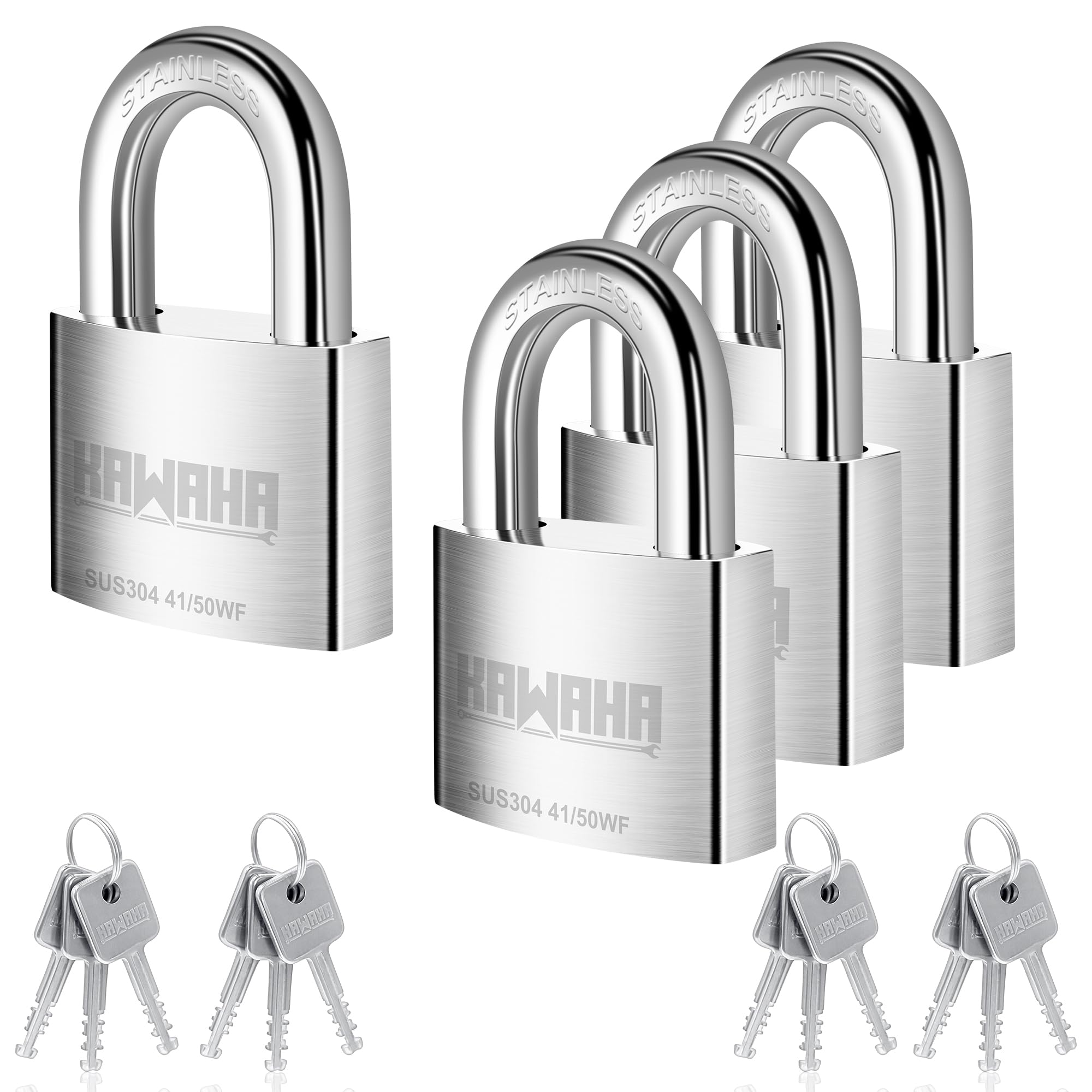 KAWAHA 41/50-4PS 2 inch 50mm High Security Stainless Steel Padlock with Stainless Steel Key for Indoor and Outdoor Use (Heavy Duty, Anti-Rust) - 4 Pack
