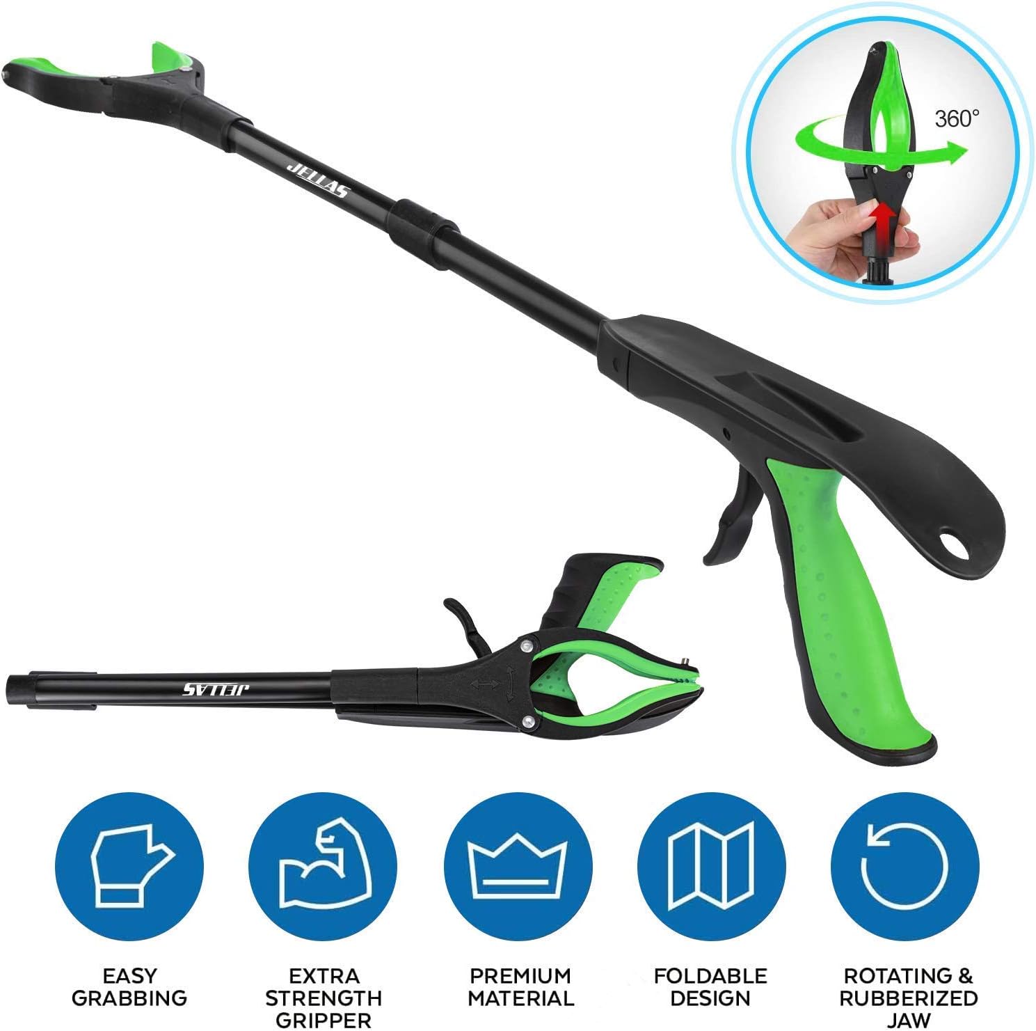 Jellas 2-Pack 32 Inch Grabber Reacher Tool with Shoehorn, 90° Rotating Head Grabber Tool for Elderly, Outdoor and Indoor Trash Picker Grabber(Green): Health & Personal Care
