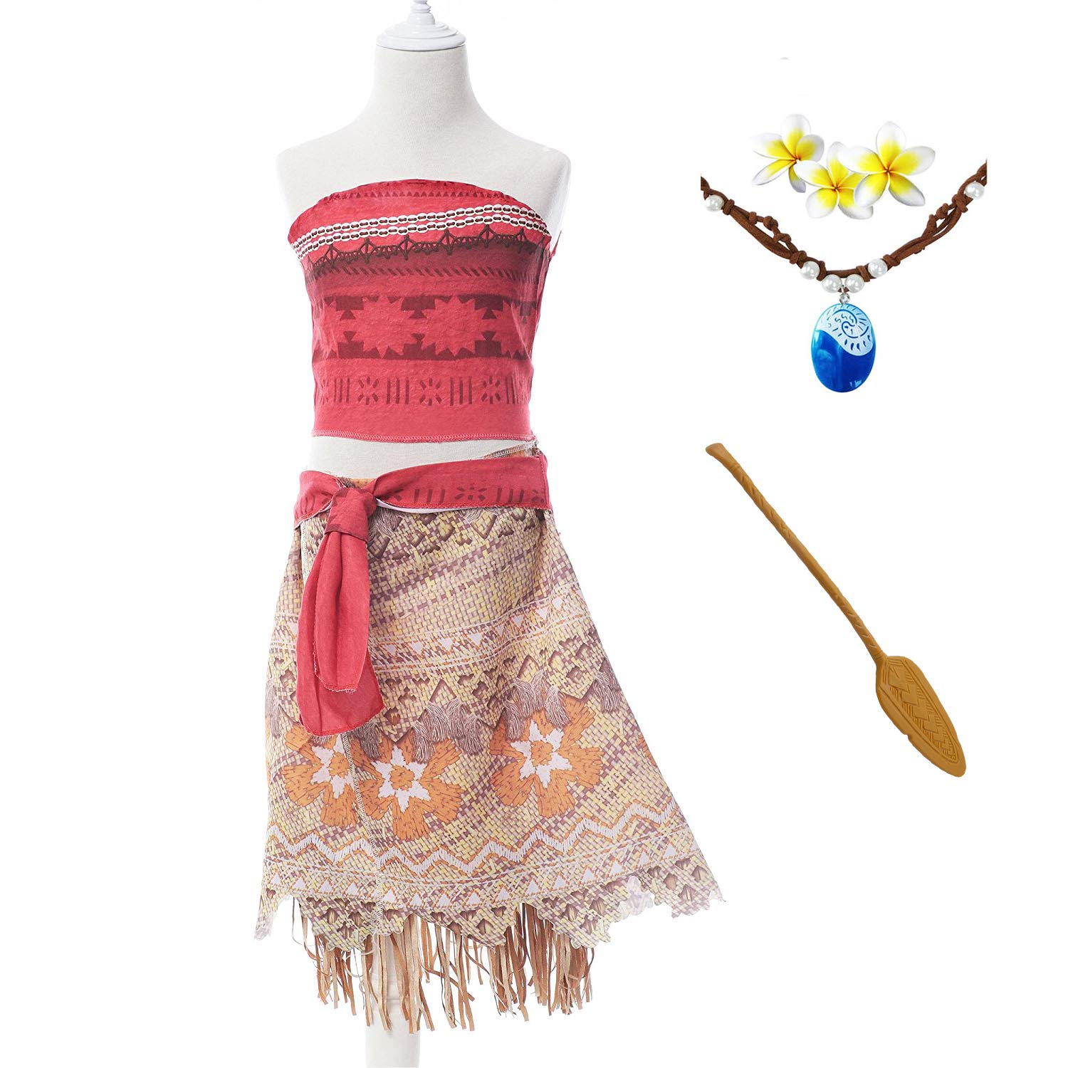 Moana Girls Adventure Outfit Cosplay Costume Skirt Set with Necklace&flower (3.61FT)